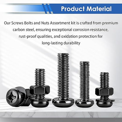 smseace 516Pcs Black Nuts and Bolts Assortment Kit 21-Sizes M3/M4/M5/M6 Nut Bolt Washer Assortment Kit for Machinery, Furniture, Automotive, Motorcycle Repairs