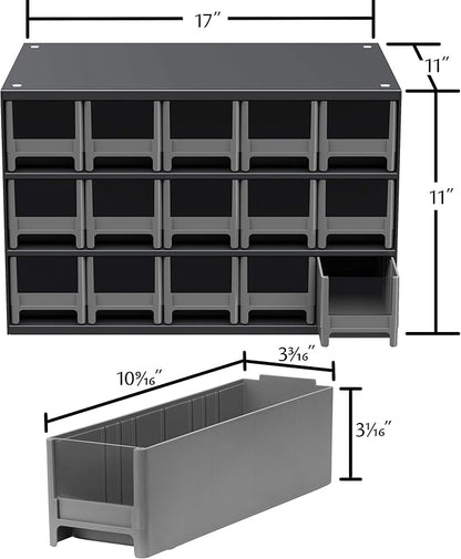 Akro-Mils Steel Garage Storage Cabinet, Small Parts Organizer Metal Cabinet for Hardware, Nails, Screws, Bolts, Nuts, and More, 17" W x 11" D x 11" H, 15-Drawer, Gray Cabinet/Gray Drawers (19715)
