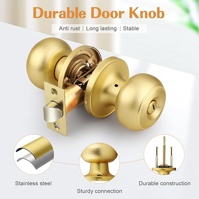 Probrico Gold Door Knobs for Bedroom Bathroom, Interior Door Knob with Round Ball, Brushed Brass Privacy Door Knob, 6 Pack
