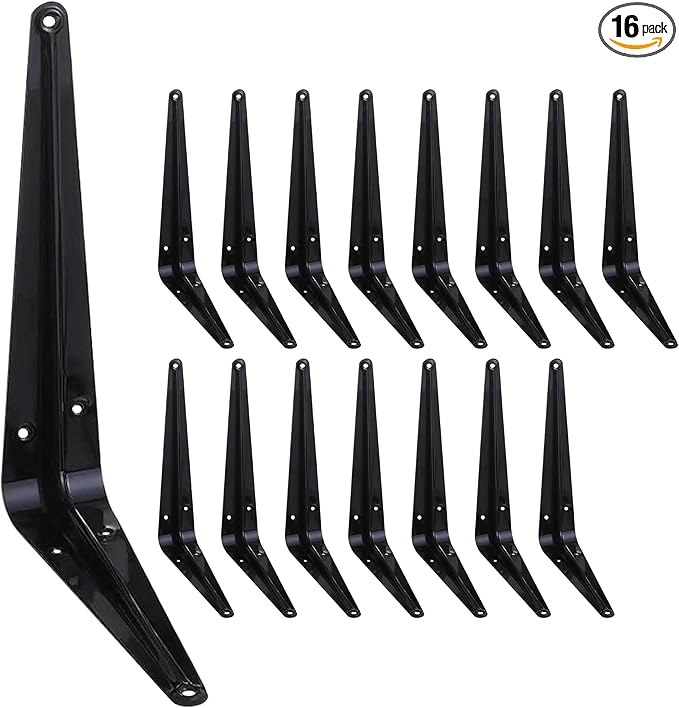 ELSKER&HOME 16 Pack Shelf Brackets 8 Inch, Floating Shelf Bracket for Wood, Black Metal L Bracket for Shelves Support, Wall Mount Corner Brace
