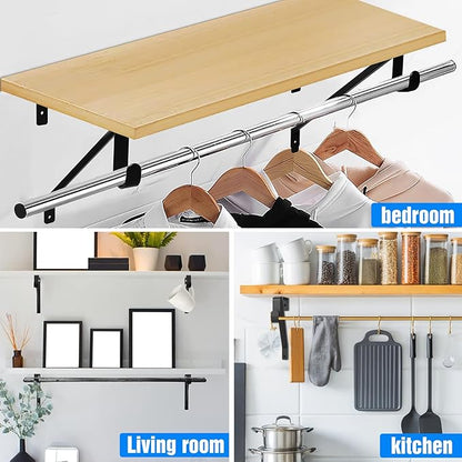 Pisman 10 Inch Heavy Duty Closet Rod Bracket Adjustable 2-Pack, Closet Rod Support with Shelf Bracket and Rod Holders - Black Steel Clothes Hanger for Bedroom, Laundry Room Storage