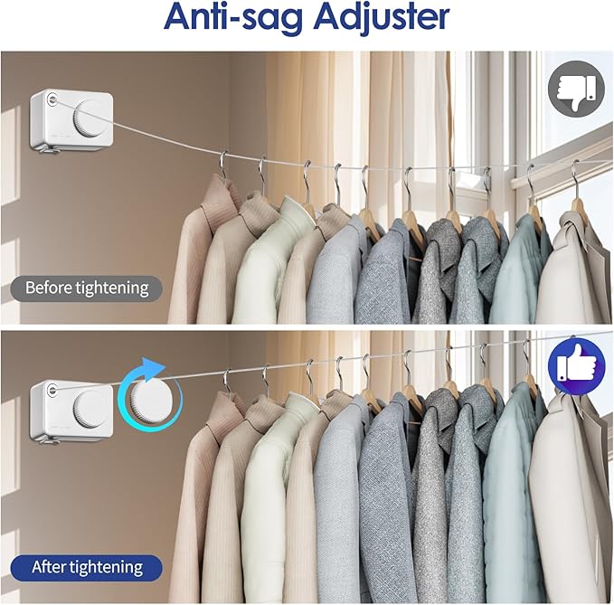 Retractable Clothesline Indoor, Non-Sagging Clothes Line Retracting Outdoors,13.8Ft Heavy Duty Clothes Drying Laundry Line, Wall Mounted Clothesline with 5pcs Hooks (RectangleWhite)