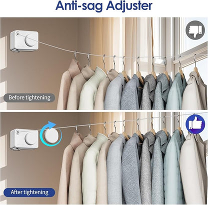 Retractable Clothesline Indoor, Non-Sagging Clothes Line Retracting Outdoors,13.8Ft Heavy Duty Clothes Drying Laundry Line, Wall Mounted Clothesline with 5pcs Hooks (RectangleWhite)