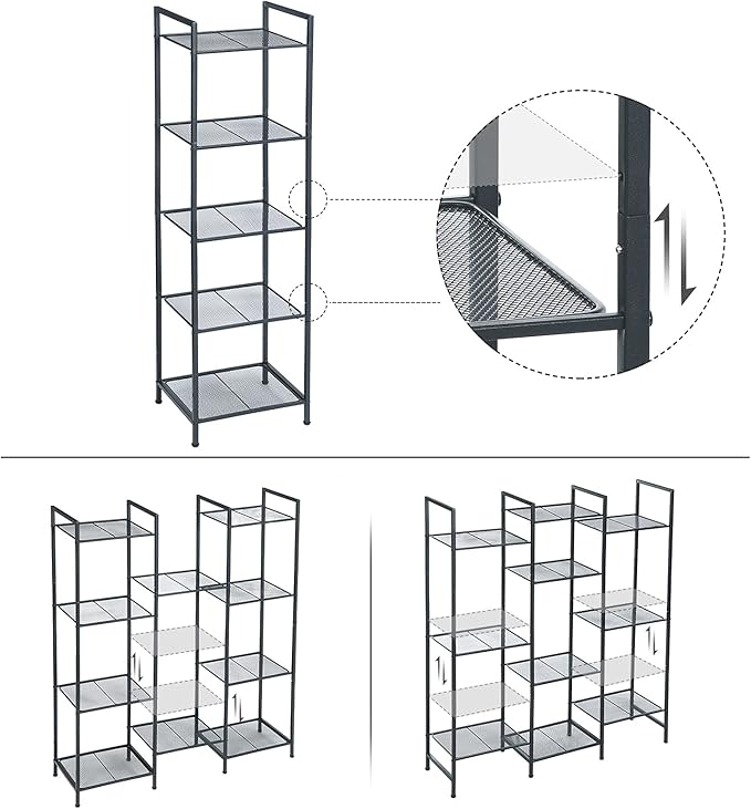 SONGMICS 5-Tier Storage Rack, Bathroom Shelf, Extendable Plant Stand with Adjustable Shelf, for Bathroom, Living Room, Balcony, Kitchen, Black UBSC35BK, 11.8 x 15 x 50.4 Inches