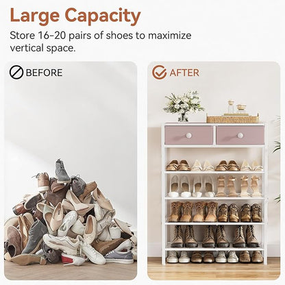 Shoe Rack for Entryway, 5 Tier Shoe Organizer with 2 Non-Woven Drawers, Metal Storage Shoe Shelf for 16-20 Pairs of Shoes, with Wooden Top and Steel Frame, Shoe Stand for Closet Pink