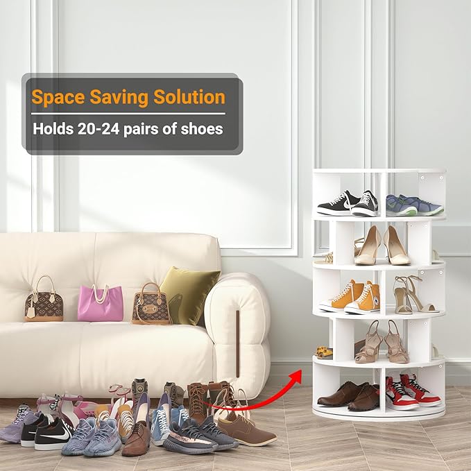 Aheaplus Rotating Shoe Rack, 5-Tier Wood Shoe Organizer for Closet, 360° Spinning Shoe Rack Tower Space-Saving Shoe Storage Shelf for Entryway, Garage, Bedroom, White