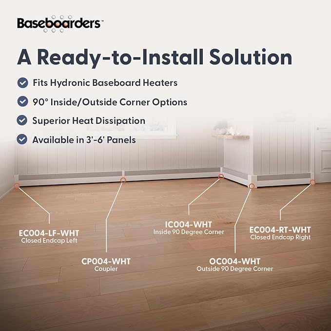 Baseboarders Basic Series 3 ft (36 in) Galvanized Steel Slip-On Baseboard Heater Cover + Left & Right Endcaps, Rust Resistant, White, for Hydronic Hot-Water Systems