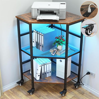 HAIOOU Corner Printer Stand Table with Power Outlet Charging Plugs USB Port & LED Lights, 3-Tier Corner Table with Wheel, Metal Frame Adjustable Storage Shelf for Home Office Kitchen