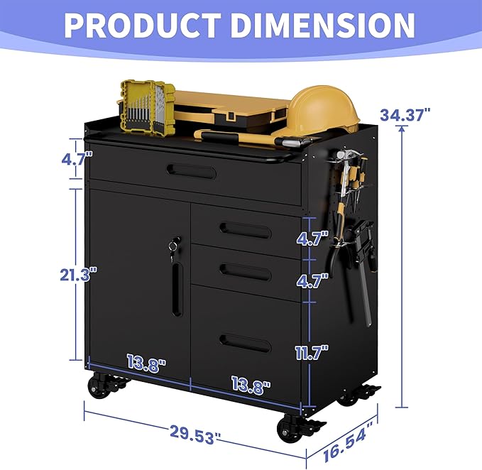 Metal Garage Storage Cabinet on Wheels, Lockable Rolling Tool Cabinet with Doors and 4 Drawers, Heavy Duty Mobile Steel Cabinet for Garage Warehouse Workshop