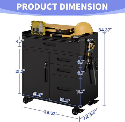 Metal Garage Storage Cabinet on Wheels, Lockable Rolling Tool Cabinet with Doors and 4 Drawers, Heavy Duty Mobile Steel Cabinet for Garage Warehouse Workshop
