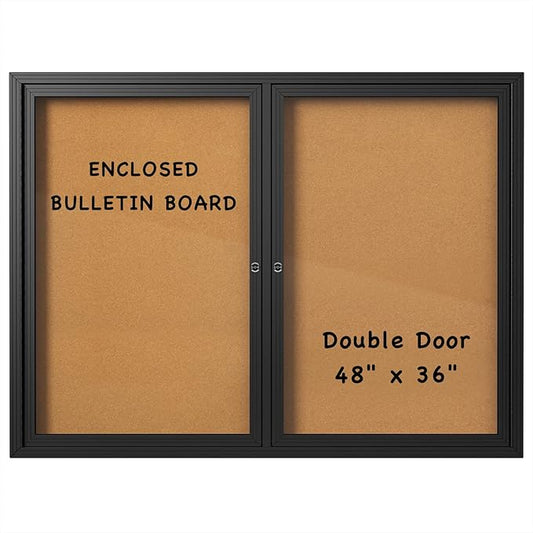 INNOVART Enclosed Bulletin Board 48”x36”, Lockable Cork Noticeboard with Black Aluminum Frame, Outdoor Enclosed Bulletin Board Weatherproof, Wall Display Case with Swing-Open Door Information Cabinet