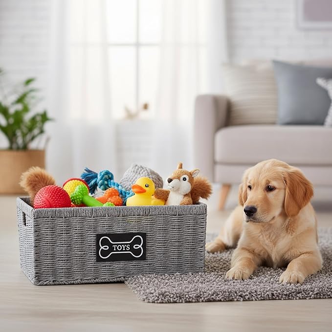 Geyecete dog toy basket,square Living pet toy bin basket Wicker dog toy box Foldable Pet Toy Storage Organizer, Grey Paper Rope & Steel Wire Basket