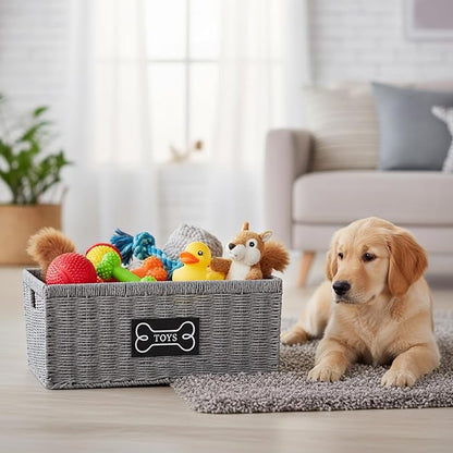 Geyecete dog toy basket,square Living pet toy bin basket Wicker dog toy box Foldable Pet Toy Storage Organizer, Grey Paper Rope & Steel Wire Basket