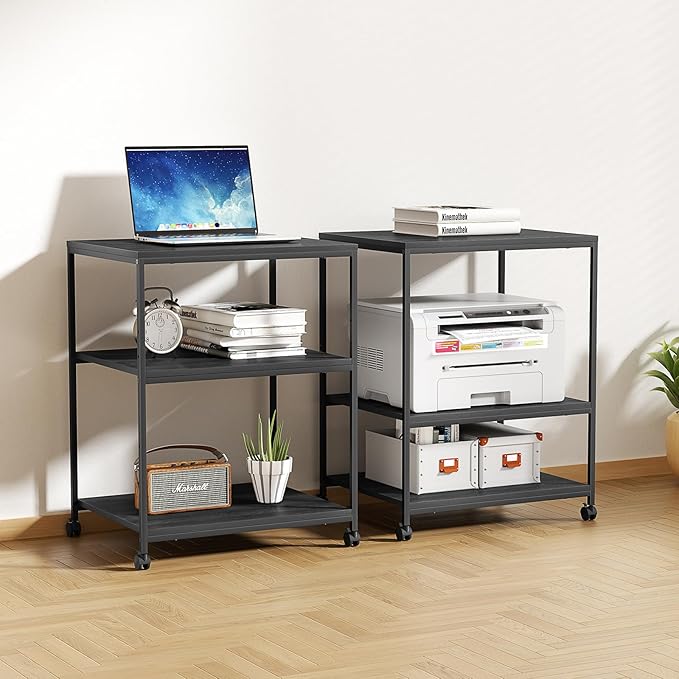 Large Printer Stand with Wheels, 3 Tier Printer Table for Home Office, Rolling Printer Cart with Adjustable Storage Shelf for Shredder Scanner Fax (Black)