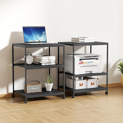Large Printer Stand with Wheels, 3 Tier Printer Table for Home Office, Rolling Printer Cart with Adjustable Storage Shelf for Shredder Scanner Fax (Black)