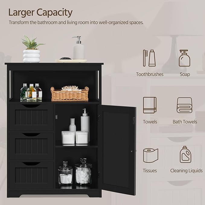 Yaheetech Bathroom Storage Cabinet Bathroom Floor Cabinet Freestanding Organizer and Storage with Door, 3 Drawers, Adjustable Shelf, 35.5 Inches Height, Black Cabinet