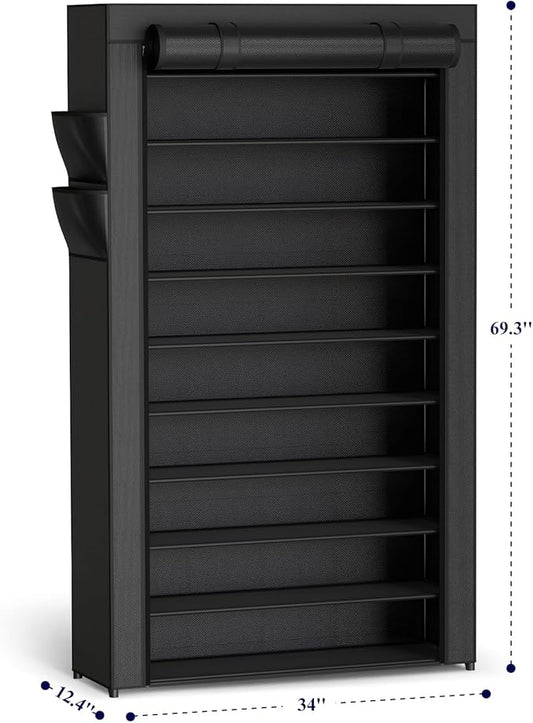 Kitsure Shoe Rack - 10-Tier Large Capacity Shoe Organizer Shelf with Dust Cover & Side Pockets, Rust-Proof Metal Shoe Rack for Closet, Entrance, Living Room, 33.6" x 12.4" x 69.3", Black