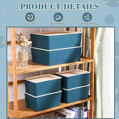 Menkxi 6 Pcs Large and Small Plastic Storage Bins with Lids 14.4 x 10.4 x 5.1 Inch Stackable Storage Containers Decorative Cubby Organizer for Clothes Shelves Garage Closet Office (Blue)