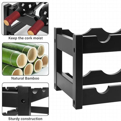 VASMIA Bamboo Wine Rack, 2-Tier Wine Racks Countertop Cabinet Wine Holder Wine Storage Shelf for Pantry Kitchen Bar Black