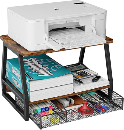 Printer Stand with Storage - 3D Printer Table Office Organizer for Desk Top Organizing, 2-Tier File Holder, Paper Storage and Desktop Shelf for Computer Printer Stand with Drawers Rustic Brown