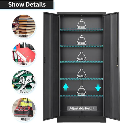 Metal Storage Cabinet, 71”H Metal Garage Cabinet with 5 Adjustable Shelves, Locking Storage Cabinets for Garage, Home, Office, Pantry(Black)