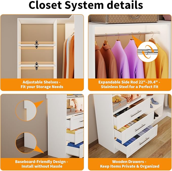 Closet System with 9 Drawers, Corner Closet Organizer Systems with 9 Shelves & 9 Hanging Rods L-Shaped Walk in Closet Freestanding Corner Tower Modular Storage System 4 Sets 2800+ Lbs Capacity White