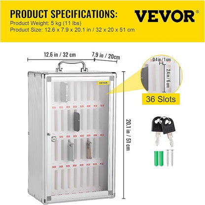 VEVOR 36-Slot Cell Phone Locker – Silver Aluminum with Key Lock Portable Handle, Handwritten Tags, and Wall-Mount for Offices, Classrooms, Gyms