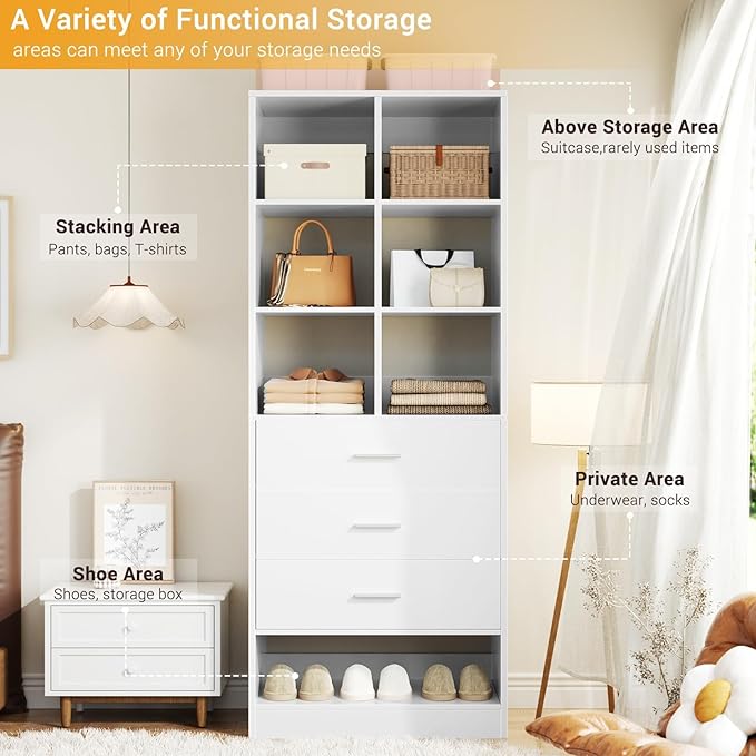 Homieasy Closet System Organizer with Drawers and Partition Storage, 4 FT Freestanding Wardrobe Organizer Modular with Shoe Shelf for Walk-In or Reach-In Closets, Set of 2, White