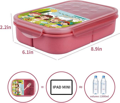 Wheat Straw Lunch Box, Leakproof 3-Compartment Bento Box for Kids & Adults, BPA-Free Lunch Containers, Microwave & Dishwasher Safe, 5.5 Cup (Muted Red)