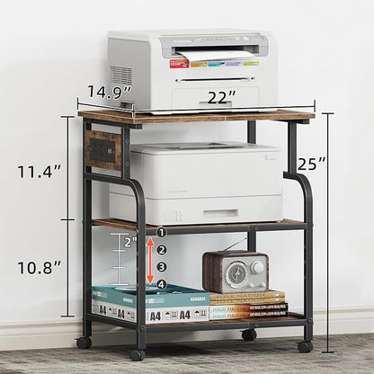 YAOHUOO 3 Tier Large Printer Stand with Power Outlet/Adjustable Storage Shelf, Rolling Cart with Wheels, Printer Table for Home Office 3D Printer/Heat Press/Laster, 22"×15" Rustic Brown