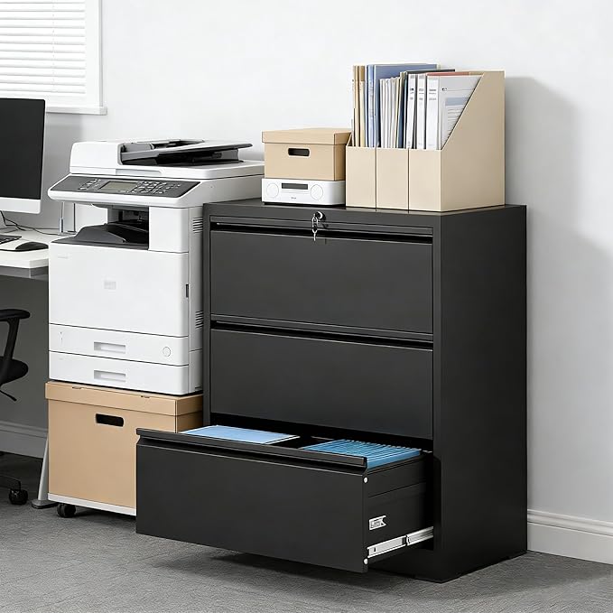 3 Drawer Lateral File Cabinet with Lock, Metal Lateral Filing Cabinet for Home Office, Steel Wide Horizontal Filing Cabinets for Letter/Legal/A4/F4 Hanging Files (Black)