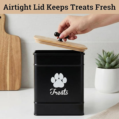 Dog Treat Container Airtight - 6 Inch Wide x 8 Inch Tall Iron Dog Treat Jar for Kitchen Counter with Airtight Bamboo Lid - 12 Cup Capacity Pet Treat Container - Doggie Cookie Jar - Big Treats Canister