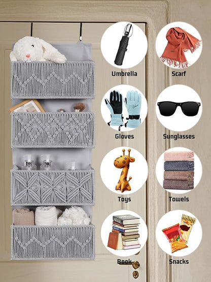 Macrame Over the Door Organizer Boho Decor Nursery Storage, Leaf Weaving Closet Storage, 4 Hanging Pockets, Behind Door for Bathroom, Bedroom,Grey