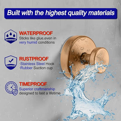 Suction Cup Hooks for Shower, Removable Towel Hooks for Bathroom Window Glass Door Wall, Bath Robe Looafh Wreath Hook for Hanging - 4 Pack, Champagne Bronze