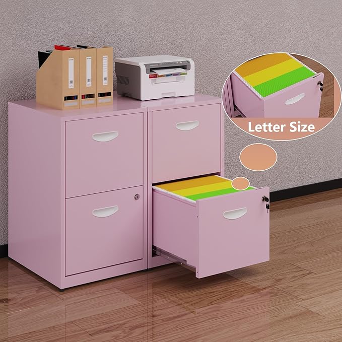 Pink Under Desk File Cabinet, 2 Drawer Locking Cabinet for Home Office, Letter Size - Assembly Required