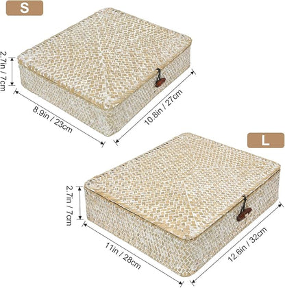 Set of 2 Flat Seagrass Storage Bins with Lid Wicker Storage Baskets for Organizing, Woven Shelf Organizer Bins Home Utility Organizer Box for Home & Office Supplies
