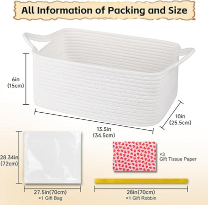 OIAHOMY Woven Basket, Gift Basket Empty with Gift Bags Ribbons and Wrap Tissue Paper, Rope Baskets for Baby Showers, Storage Baskets with Handles for Nursery, Pet Toy Organizer - Valentine's White