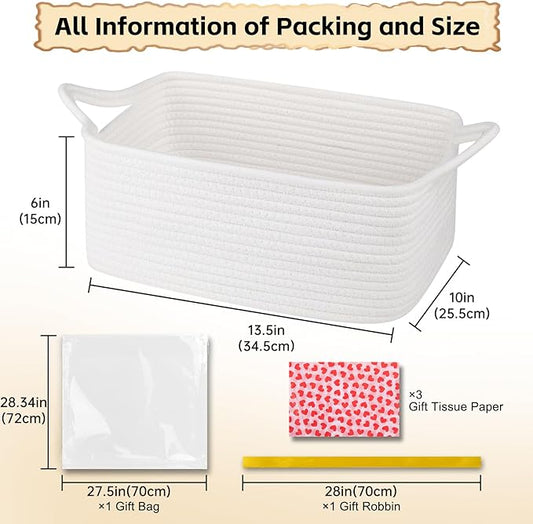 OIAHOMY Woven Basket, Gift Basket Empty with Gift Bags Ribbons and Wrap Tissue Paper, Rope Baskets for Baby Showers, Storage Baskets with Handles for Nursery, Pet Toy Organizer - Valentine's White