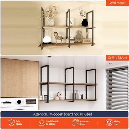 2-Tier Square Shelf Bracket, 26-3/8" Height, Wall/Ceiling Mount Storage Shelving, Black Powder-Coated Carbon Steel Carbon Steel, Rust-Resistant, 110 lbs Capacity, 3 Pack