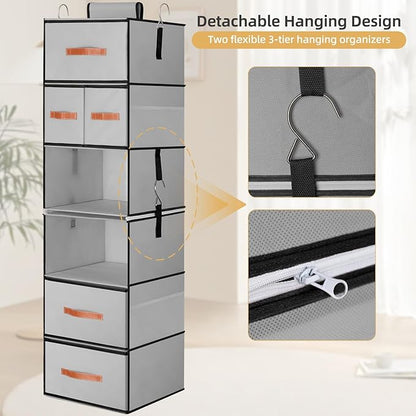 Hanging Closet Organizer 6-Shelf, Upgrade Hanging Shelves for Closet with 5 Removable Drawers & Side Pockets, Hanging Shelf Organizer for Bedroom or Garment Rack, 12.6'' x 12.6'' x 44.1'', Gray