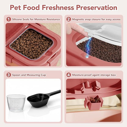 15 Lbs Dog/Cat Food Storage Container,Collapsible Food Storage Containers with Rolling Wheel Airtight Locking Lid,Pet Food Storage Container with Cup and Scoop,Pink
