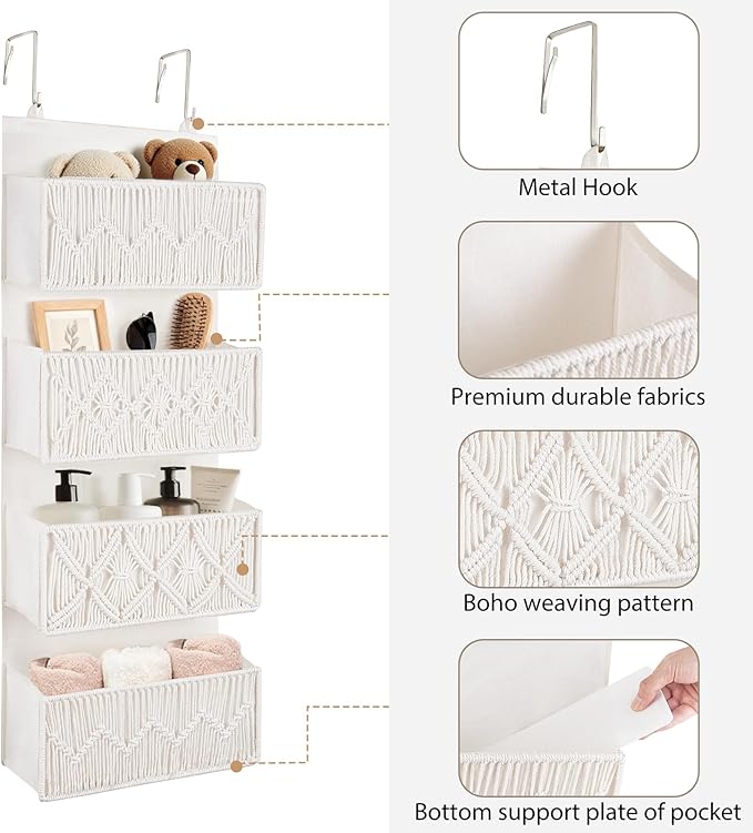 Dahey Over The Door Organizer Macrame Boho Nursery Storage Decor with 4 Large Woven Pockets Closet Behind Hanging Organizer for Bedroom Nursery Bathroom Apartments Dorm Pantry Decoration,White