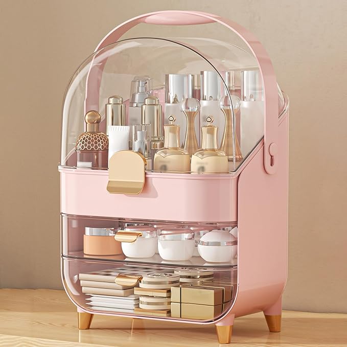 Makeup Organizer Countertop, Skincare Holder Bathroom Counter Organizer, Storage Box Cosmetic Display Cases, Teen Girl Gifts Make up Organizers for Vanity, Dresser (Pink) | Skincare Holder, Teen Girl Gifts, Trendy Stuff, Make up Organizers