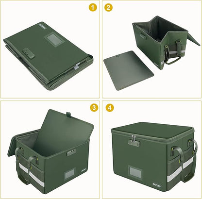 ENGPOW File Box with Lock, Fireproof Document Box with Zipper Lid, Collapsible File Storage Organizer Filing Cabinet with Handle, Portable Home Office Safe for Hanging Letter/Legal Folders, Green