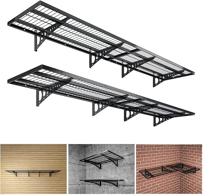 4-Pack 1.5×3.8ft(18×45.6 inch) Garage Wall Shelving, 1000 lbs Load Capacity, Garage Wall Mounted Shelves, Heavy Duty Shelf with Hooks, Black