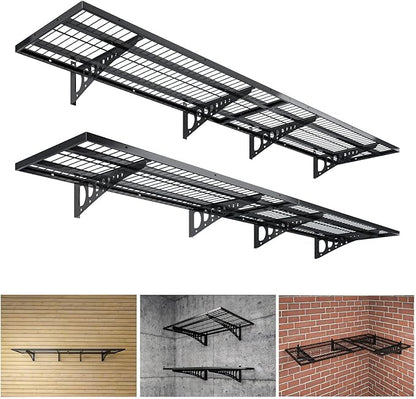 4-Pack 1.5×3.8ft(18×45.6 inch) Garage Wall Shelving, 1000 lbs Load Capacity, Garage Wall Mounted Shelves, Heavy Duty Shelf with Hooks, Black
