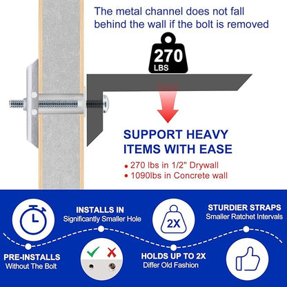 Drywall Anchor with Included Bolts for 1/4-20 Fastener Size, Wall Anchors Drywall Heavy Duty for TV Mounting, Hollow-Wall Anchors Screws Kit Holds Up to 270 Pounds Each in 1/2-in Drywall-22 Pack