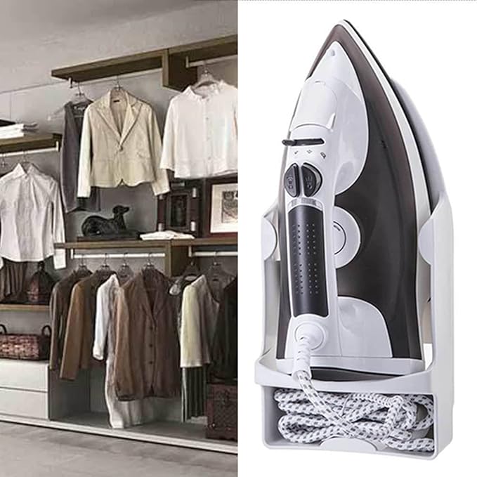 Iron Board Hanger, Wall Mounted Electric Iron Holder, Iron and Ironing Board Storage Organizer Shelf with Removable Hooks for Household Bathroom Laundry Room