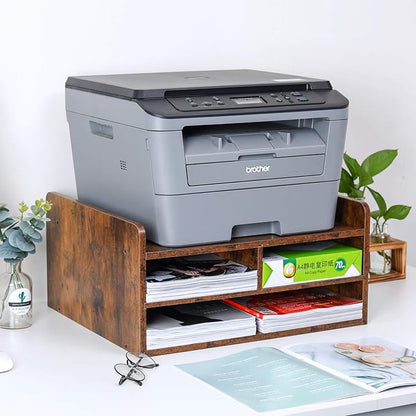 PAG 3 Tier Desktop Printer Stand with Storage, Paper Storage Holder Rack for Desk, Wooden Printer Organization for Home/Office, Antique Brown