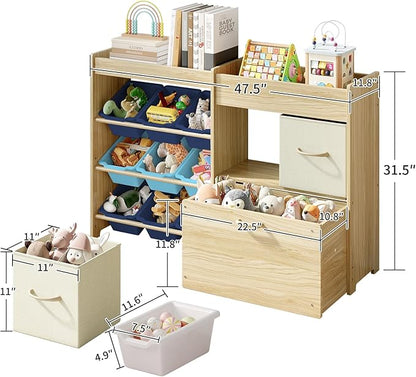 Toy Storage Organizer for Kids, 9-Bin Toy Organizer with 2-Drawers,Movable Toy Chest and Top Rack, Kids Bookshelf and Toy Storage for Playroom, Bedroom, Nursery, Blue
